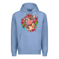 Colony Blue cute cow pink flowers and leopard pattern Premium Hoodie - NancyCooperArtShop