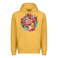 Mustard cute cow pink flowers and leopard pattern Premium Hoodie - NancyCooperArtShop