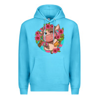Ocean Blue cute cow pink flowers and leopard pattern Premium Hoodie - NancyCooperArtShop