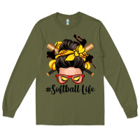 Army Green softball life messy bun Long Sleeve Tee - Zillion Design Studio