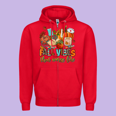 Fall Vibes And That Nurse Life Zipper Hoodie Designed By Adodesignshop