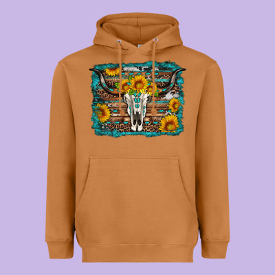 Longhorn Bull Skull Western Turquoise Background Heavyweight Hoodie Designed By Artiststas