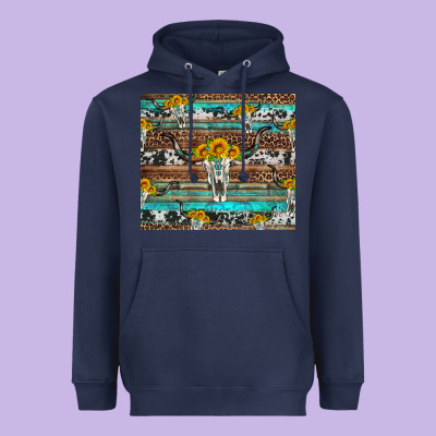 Longhorn Bull Skull Cowhide Leopard Turquoise Heavyweight Hoodie Designed By Artiststas