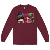 Burgundy wife mom boss messy bun Long Sleeve Tee - Zillion Design Studio