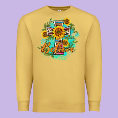 Western Belive Sunflowers Cross Premium Sweatshirt Designed By Barkaloodesign
