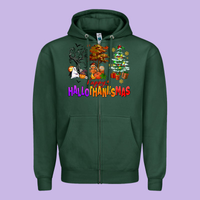 Happy Hallothanksmas Trees Zipper Hoodie Designed By Adodesignshop