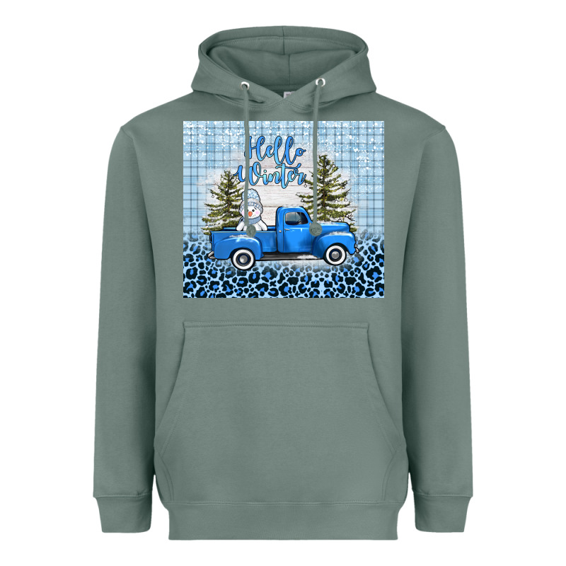 Hello Winter Snowman Truck Heavyweight Hoodie by AdoDesignShop | Teevron