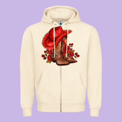 Valentines Day Cowboy Boots Red  And Roses Zipper Hoodie Designed By Adodesignshop