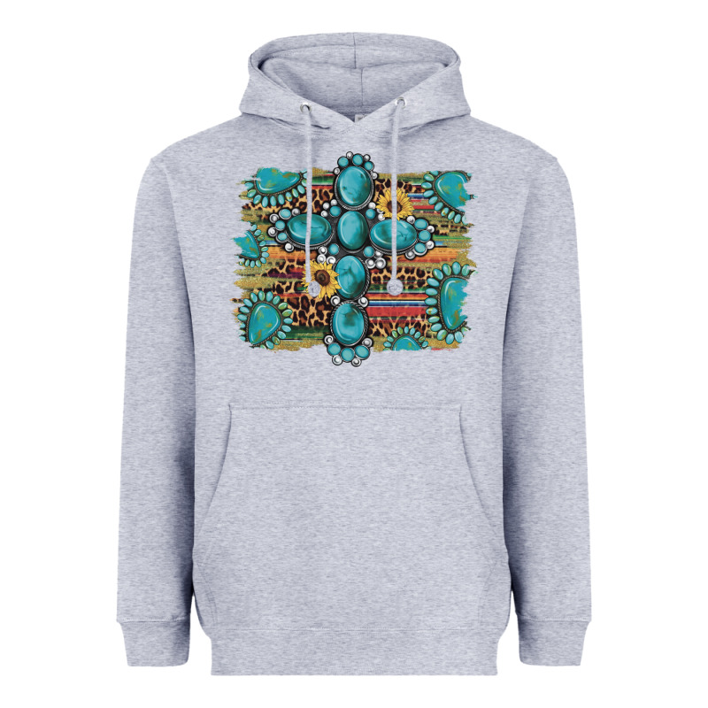 Western Gemstone Cross Sunflowers Serape Leopard Glitter Heavyweight Hoodie by Artiststas | Teevron