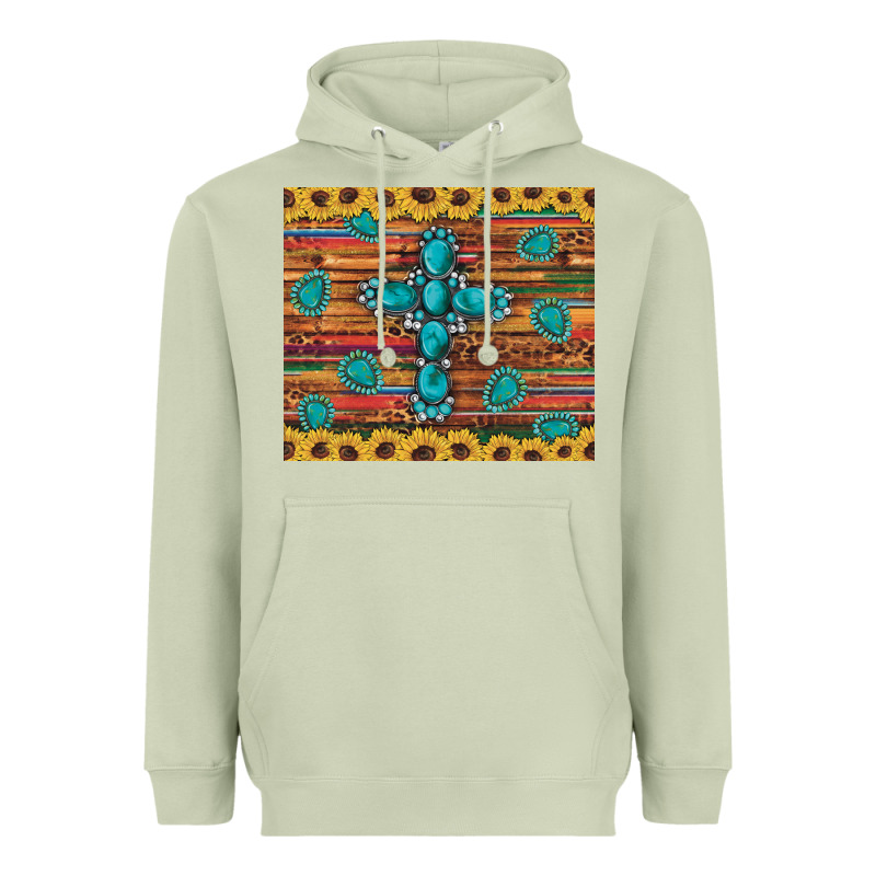 Western Gemstone Cross Sunflowers Leopard Serape Glitter Wooden Tumble Heavyweight Hoodie by Artiststas | Teevron
