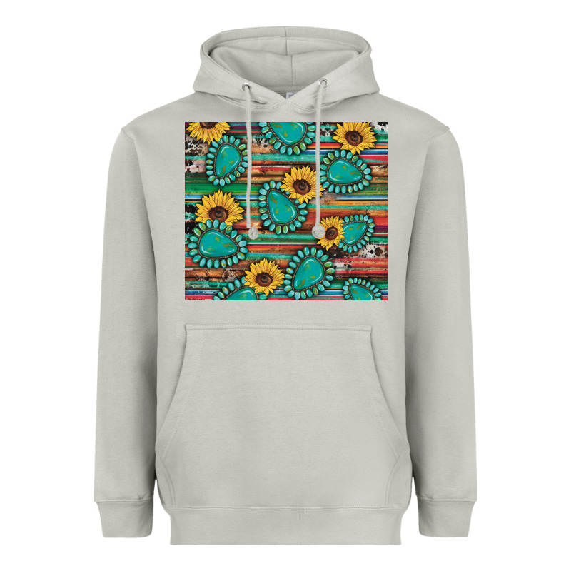 Western Gemstone Sunflowers Serape Cowhide Glitter Wooden Heavyweight Hoodie by Artiststas | Teevron
