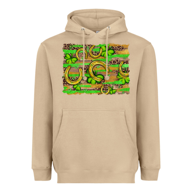 Horseshoe Shamrock Leopard Wood Glitter Background Heavyweight Hoodie by Artiststas | Teevron