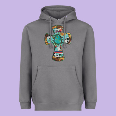 Cross With Leopard Sunflower Gemstone Serape Cowhide Heavyweight Hoodie Designed By Artiststas