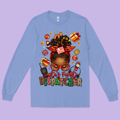 Santa's Favorite Dispatcher Afro Messy Bun Long Sleeve Tee Designed By Texasbilliewilder