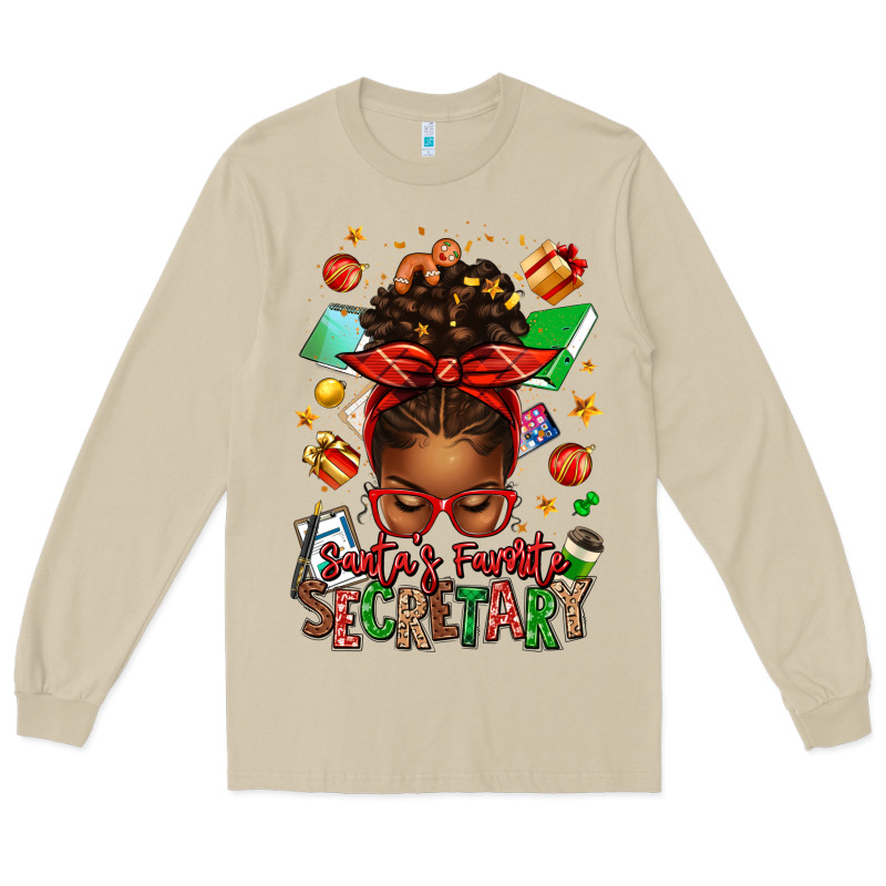 Santa's Favorite Secretary Afro Messy Bun Long Sleeve Tee by texasbilliewilder | Teevron