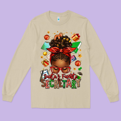 Santa's Favorite Secretary Afro Messy Bun Long Sleeve Tee Designed By Texasbilliewilder