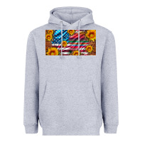 Heather Grey usa flag and serape with leopard and sunflowers license plate Heavyweight Hoodie - Artiststas