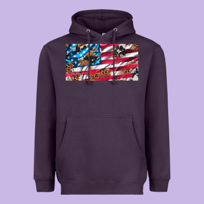 Usa Flag And Leopard With Wood License Plate Heavyweight Hoodie Designed By Artiststas