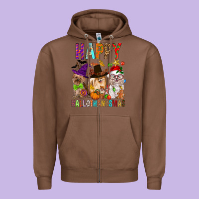 Happy Hallothankmas Dog Zipper Hoodie Designed By Fadigitalartstudio