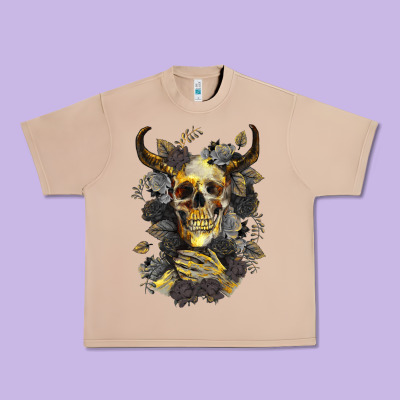 Urban Heavy Tee Bull Human Skull With Gold Roses