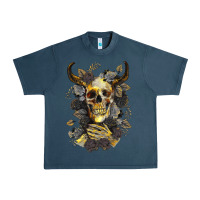 Midnight Navy Bull Human Skull With Gold Roses Urban Heavy Tee - RanaPortraitStore