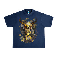 Navy Bull Human Skull With Gold Roses Urban Heavy Tee - RanaPortraitStore