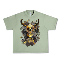 Oil Green Bull Human Skull With Gold Roses Urban Heavy Tee - RanaPortraitStore