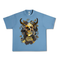 Pebble Blue Bull Human Skull With Gold Roses Urban Heavy Tee - RanaPortraitStore