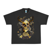 Pigment Black Bull Human Skull With Gold Roses Urban Heavy Tee - RanaPortraitStore