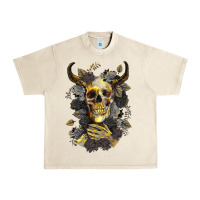 Sandshell Bull Human Skull With Gold Roses Urban Heavy Tee - RanaPortraitStore