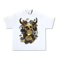 White Bull Human Skull With Gold Roses Urban Heavy Tee - RanaPortraitStore