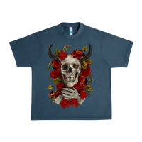 Midnight Navy Bull Human Skull With Roses Urban Heavy Tee - RanaPortraitStore