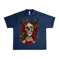 Navy Bull Human Skull With Roses Urban Heavy Tee - RanaPortraitStore