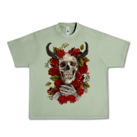 Oil Green Bull Human Skull With Roses Urban Heavy Tee - RanaPortraitStore
