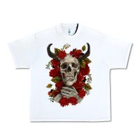 White Bull Human Skull With Roses Urban Heavy Tee - RanaPortraitStore
