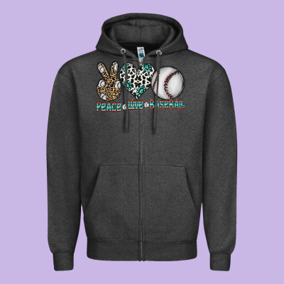 Peace Love Baseball Zipper Hoodie Designed By Cowhidedigitalart
