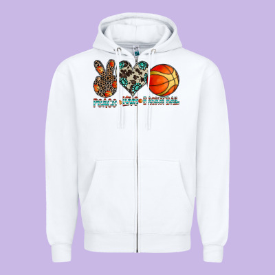 Peace Love Basketball Zipper Hoodie Designed By Cowhidedigitalart