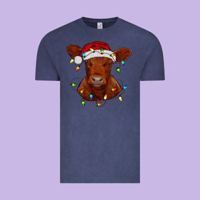 Vintage Tee Christmas baby red angus calf with lights