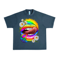 Midnight Navy rainbow lips with daisies Urban Heavy Tee - texasbilliewilder