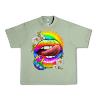 Oil Green rainbow lips with daisies Urban Heavy Tee - texasbilliewilder