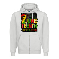 Dove Grey juneteenth fist free ish since 1865 with background Zipper Hoodie - HRA Design Shop
