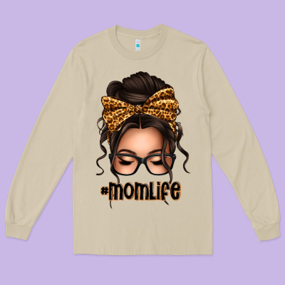 Caucasian Leopard Messy Bun Mom Life Long Sleeve Tee Designed By Texasbilliewilder
