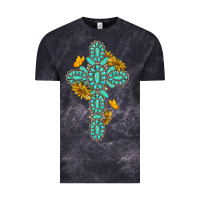 Cloud Black gemstone cross with sunflowers and butterflies Vintage Tee - texasbilliewilder