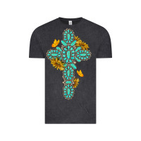 Vintage Black gemstone cross with sunflowers and butterflies Vintage Tee - texasbilliewilder