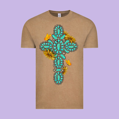 Vintage Tee gemstone cross with sunflowers and butterflies