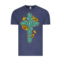 Vintage Denim gemstone cross with sunflowers and butterflies Vintage Tee - texasbilliewilder
