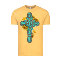 Vintage Mustard gemstone cross with sunflowers and butterflies Vintage Tee - texasbilliewilder