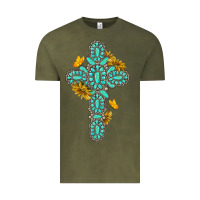 Vintage Olive gemstone cross with sunflowers and butterflies Vintage Tee - texasbilliewilder