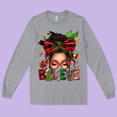 Christmas Believe Afro Messy Bun Long Sleeve Tee Designed By Texasbilliewilder