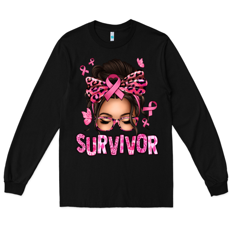 Breast Cancer Survivor Afro Messy Bun Long Sleeve Tee by texasbilliewilder | Teevron